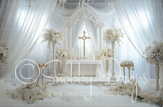 Holy Communion with White Curtains Religious Fabric Backdrop-Fabric Photography Backdrop-Snobby Drops Fabric Backdrops for Photography, Exclusive Designs by Tara Mapes Photography, Enchanted Eye Creations by Tara Mapes, photography backgrounds, photography backdrops, fast shipping, US backdrops, cheap photography backdrops