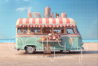 Ice Cream Truck on Beach Fabric Backdrop-Fabric Photography Backdrop-Snobby Drops Fabric Backdrops for Photography, Exclusive Designs by Tara Mapes Photography, Enchanted Eye Creations by Tara Mapes, photography backgrounds, photography backdrops, fast shipping, US backdrops, cheap photography backdrops