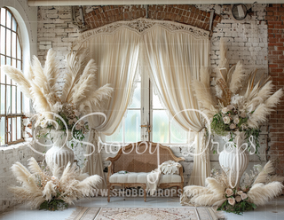 Industrial Boho Room with Window and Pampas Fabric Backdrop-Fabric Photography Backdrop-Snobby Drops Fabric Backdrops for Photography, Exclusive Designs by Tara Mapes Photography, Enchanted Eye Creations by Tara Mapes, photography backgrounds, photography backdrops, fast shipping, US backdrops, cheap photography backdrops
