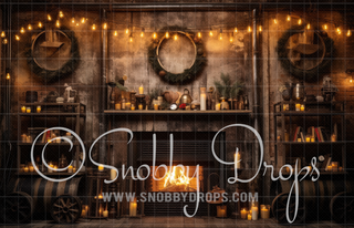 Industrial Christmas Room Fabric Backdrop-Fabric Photography Backdrop-Snobby Drops Fabric Backdrops for Photography, Exclusive Designs by Tara Mapes Photography, Enchanted Eye Creations by Tara Mapes, photography backgrounds, photography backdrops, fast shipping, US backdrops, cheap photography backdrops