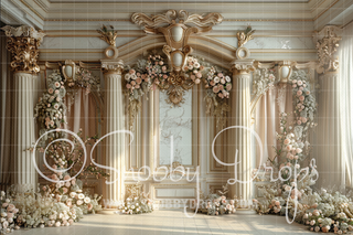 Ivory Victorian Room with Flowers Fabric Backdrop-Fabric Photography Backdrop-Snobby Drops Fabric Backdrops for Photography, Exclusive Designs by Tara Mapes Photography, Enchanted Eye Creations by Tara Mapes, photography backgrounds, photography backdrops, fast shipping, US backdrops, cheap photography backdrops