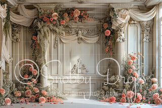 Ivory Victorian Room with Peach Flowers Fabric Backdrop-Fabric Photography Backdrop-Snobby Drops Fabric Backdrops for Photography, Exclusive Designs by Tara Mapes Photography, Enchanted Eye Creations by Tara Mapes, photography backgrounds, photography backdrops, fast shipping, US backdrops, cheap photography backdrops
