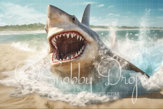 Jumping Shark Fabric Backdrop-Fabric Photography Backdrop-Snobby Drops Fabric Backdrops for Photography, Exclusive Designs by Tara Mapes Photography, Enchanted Eye Creations by Tara Mapes, photography backgrounds, photography backdrops, fast shipping, US backdrops, cheap photography backdrops