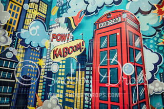 KABOOM Comic Book Superhero Scene Fabric Backdrop-Fabric Photography Backdrop-Snobby Drops Fabric Backdrops for Photography, Exclusive Designs by Tara Mapes Photography, Enchanted Eye Creations by Tara Mapes, photography backgrounds, photography backdrops, fast shipping, US backdrops, cheap photography backdrops