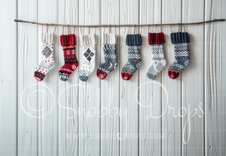 Knit Christmas Stockings on White Wall Fabric Backdrop-Fabric Photography Backdrop-Snobby Drops Fabric Backdrops for Photography, Exclusive Designs by Tara Mapes Photography, Enchanted Eye Creations by Tara Mapes, photography backgrounds, photography backdrops, fast shipping, US backdrops, cheap photography backdrops