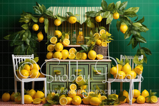 Lemon and Leaves Lemonade Stand Fabric Backdrop-Fabric Photography Backdrop-Snobby Drops Fabric Backdrops for Photography, Exclusive Designs by Tara Mapes Photography, Enchanted Eye Creations by Tara Mapes, photography backgrounds, photography backdrops, fast shipping, US backdrops, cheap photography backdrops