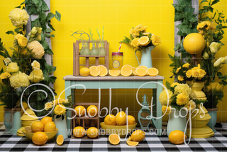 Lemons and Flowers Lemonade Stand Fabric Backdrop-Fabric Photography Backdrop-Snobby Drops Fabric Backdrops for Photography, Exclusive Designs by Tara Mapes Photography, Enchanted Eye Creations by Tara Mapes, photography backgrounds, photography backdrops, fast shipping, US backdrops, cheap photography backdrops