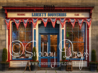 Liberty Souvenirs - Fourth of July Shop Fabric Backdrop - Patriotic Store Fabric Backdrop-Fabric Photography Backdrop-Snobby Drops Fabric Backdrops for Photography, Exclusive Designs by Tara Mapes Photography, Enchanted Eye Creations by Tara Mapes, photography backgrounds, photography backdrops, fast shipping, US backdrops, cheap photography backdrops