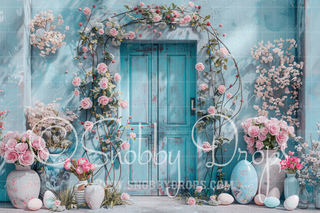 Light Blue Easter Door Fabric Backdrop-Fabric Photography Backdrop-Snobby Drops Fabric Backdrops for Photography, Exclusive Designs by Tara Mapes Photography, Enchanted Eye Creations by Tara Mapes, photography backgrounds, photography backdrops, fast shipping, US backdrops, cheap photography backdrops