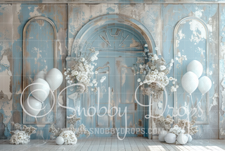 Light Blue Flower Room with Balloons Fabric Backdrop-Fabric Photography Backdrop-Snobby Drops Fabric Backdrops for Photography, Exclusive Designs by Tara Mapes Photography, Enchanted Eye Creations by Tara Mapes, photography backgrounds, photography backdrops, fast shipping, US backdrops, cheap photography backdrops