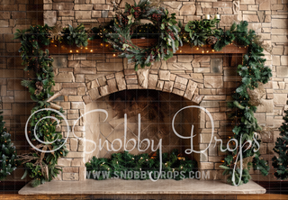Light Brown Brick Garland Christmas Fireplace Fabric Backdrop-Fabric Photography Backdrop-Snobby Drops Fabric Backdrops for Photography, Exclusive Designs by Tara Mapes Photography, Enchanted Eye Creations by Tara Mapes, photography backgrounds, photography backdrops, fast shipping, US backdrops, cheap photography backdrops