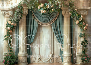 Light Green Curtains and Pillars Fabric Backdrop-Fabric Photography Backdrop-Snobby Drops Fabric Backdrops for Photography, Exclusive Designs by Tara Mapes Photography, Enchanted Eye Creations by Tara Mapes, photography backgrounds, photography backdrops, fast shipping, US backdrops, cheap photography backdrops