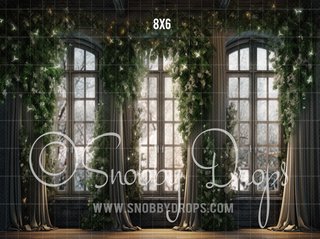 Lighted Garland Christmas Window Fabric Backdrop-Fabric Photography Backdrop-Snobby Drops Fabric Backdrops for Photography, Exclusive Designs by Tara Mapes Photography, Enchanted Eye Creations by Tara Mapes, photography backgrounds, photography backdrops, fast shipping, US backdrops, cheap photography backdrops