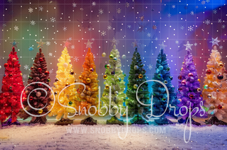 Lighted Rainbow Christmas Trees Fabric Backdrop-Fabric Photography Backdrop-Snobby Drops Fabric Backdrops for Photography, Exclusive Designs by Tara Mapes Photography, Enchanted Eye Creations by Tara Mapes, photography backgrounds, photography backdrops, fast shipping, US backdrops, cheap photography backdrops