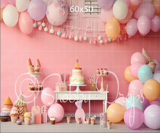 Lil Sweetie Pastel Balloons and Cake Smash Fabric Backdrop-Fabric Photography Backdrop-Snobby Drops Fabric Backdrops for Photography, Exclusive Designs by Tara Mapes Photography, Enchanted Eye Creations by Tara Mapes, photography backgrounds, photography backdrops, fast shipping, US backdrops, cheap photography backdrops