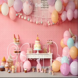 Lil Sweetie Pastel Balloons and Cake Smash Fabric Backdrop-Fabric Photography Backdrop-Snobby Drops Fabric Backdrops for Photography, Exclusive Designs by Tara Mapes Photography, Enchanted Eye Creations by Tara Mapes, photography backgrounds, photography backdrops, fast shipping, US backdrops, cheap photography backdrops