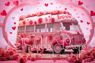 Love Bus Valentine Bus Fabric Backdrop-Fabric Photography Backdrop-Snobby Drops Fabric Backdrops for Photography, Exclusive Designs by Tara Mapes Photography, Enchanted Eye Creations by Tara Mapes, photography backgrounds, photography backdrops, fast shipping, US backdrops, cheap photography backdrops