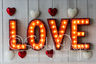 Love in Marquee Lights on White Fabric Backdrop-Fabric Photography Backdrop-Snobby Drops Fabric Backdrops for Photography, Exclusive Designs by Tara Mapes Photography, Enchanted Eye Creations by Tara Mapes, photography backgrounds, photography backdrops, fast shipping, US backdrops, cheap photography backdrops