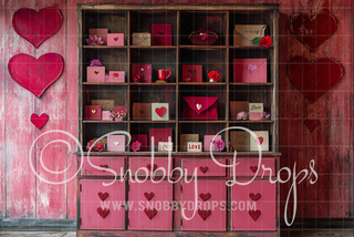 Love Letters Cabinet Valentine Fabric Backdrop-Fabric Photography Backdrop-Snobby Drops Fabric Backdrops for Photography, Exclusive Designs by Tara Mapes Photography, Enchanted Eye Creations by Tara Mapes, photography backgrounds, photography backdrops, fast shipping, US backdrops, cheap photography backdrops