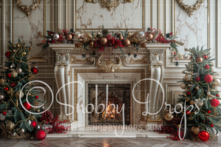 Luxury Christmas Fireplace Fabric Backdrop-Fabric Photography Backdrop-Snobby Drops Fabric Backdrops for Photography, Exclusive Designs by Tara Mapes Photography, Enchanted Eye Creations by Tara Mapes, photography backgrounds, photography backdrops, fast shipping, US backdrops, cheap photography backdrops