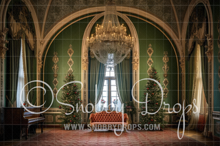 Luxury Christmas Room with Green Drapes Fabric Backdrop-Fabric Photography Backdrop-Snobby Drops Fabric Backdrops for Photography, Exclusive Designs by Tara Mapes Photography, Enchanted Eye Creations by Tara Mapes, photography backgrounds, photography backdrops, fast shipping, US backdrops, cheap photography backdrops