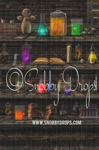 Mad Scientist Potion Shelf Portrait Halloween Fabric Backdrop-Portrait Fabric Photography Backdrop-Snobby Drops Fabric Backdrops for Photography, Exclusive Designs by Tara Mapes Photography, Enchanted Eye Creations by Tara Mapes, photography backgrounds, photography backdrops, fast shipping, US backdrops, cheap photography backdrops