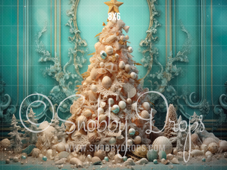 Mermaid Christmas Tree Fabric Backdrop-Fabric Photography Backdrop-Snobby Drops Fabric Backdrops for Photography, Exclusive Designs by Tara Mapes Photography, Enchanted Eye Creations by Tara Mapes, photography backgrounds, photography backdrops, fast shipping, US backdrops, cheap photography backdrops