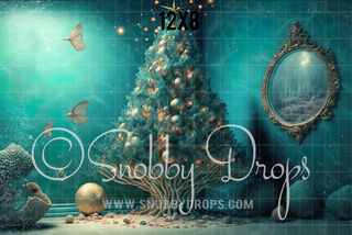 Mermaid Christmas Tree Fabric Backdrop-Fabric Photography Backdrop-Snobby Drops Fabric Backdrops for Photography, Exclusive Designs by Tara Mapes Photography, Enchanted Eye Creations by Tara Mapes, photography backgrounds, photography backdrops, fast shipping, US backdrops, cheap photography backdrops