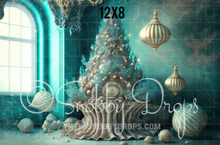 "Shells and Bells" Mermaid Christmas Tree Fabric Backdrop-Fabric Photography Backdrop-Snobby Drops Fabric Backdrops for Photography, Exclusive Designs by Tara Mapes Photography, Enchanted Eye Creations by Tara Mapes, photography backgrounds, photography backdrops, fast shipping, US backdrops, cheap photography backdrops