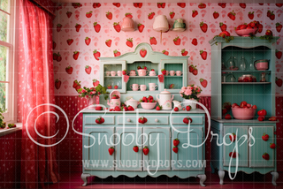 Mint and Pink Strawberry Kitchen Fabric Backdrop-Fabric Photography Backdrop-Snobby Drops Fabric Backdrops for Photography, Exclusive Designs by Tara Mapes Photography, Enchanted Eye Creations by Tara Mapes, photography backgrounds, photography backdrops, fast shipping, US backdrops, cheap photography backdrops