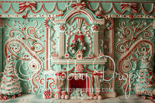 Mint and Red Candy Frosted Fireplace Mantle Fabric Backdrop-Fabric Photography Backdrop-Snobby Drops Fabric Backdrops for Photography, Exclusive Designs by Tara Mapes Photography, Enchanted Eye Creations by Tara Mapes, photography backgrounds, photography backdrops, fast shipping, US backdrops, cheap photography backdrops