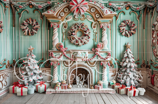 Mint Green and Gingerbread Fireplace Fabric Backdrop-Fabric Photography Backdrop-Snobby Drops Fabric Backdrops for Photography, Exclusive Designs by Tara Mapes Photography, Enchanted Eye Creations by Tara Mapes, photography backgrounds, photography backdrops, fast shipping, US backdrops, cheap photography backdrops