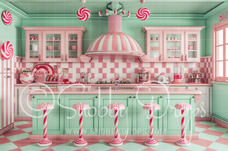 Mint Green and Pink Peppermint Christmas Kitchen Fabric Backdrop-Fabric Photography Backdrop-Snobby Drops Fabric Backdrops for Photography, Exclusive Designs by Tara Mapes Photography, Enchanted Eye Creations by Tara Mapes, photography backgrounds, photography backdrops, fast shipping, US backdrops, cheap photography backdrops