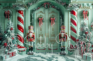 Mint Green Peppermint Pillars with Nutcrackers Fabric Backdrop-Fabric Photography Backdrop-Snobby Drops Fabric Backdrops for Photography, Exclusive Designs by Tara Mapes Photography, Enchanted Eye Creations by Tara Mapes, photography backgrounds, photography backdrops, fast shipping, US backdrops, cheap photography backdrops