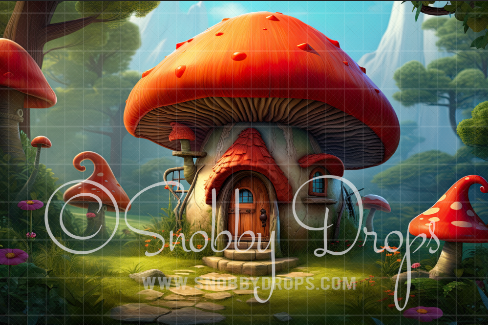 Mushroom House Fairy Home Fabric Backdrop by Snobby Drops