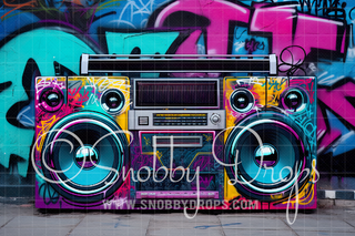 Neon Painted Graffiti 80s Boombox Fabric Backdrop-Fabric Photography Backdrop-Snobby Drops Fabric Backdrops for Photography, Exclusive Designs by Tara Mapes Photography, Enchanted Eye Creations by Tara Mapes, photography backgrounds, photography backdrops, fast shipping, US backdrops, cheap photography backdrops