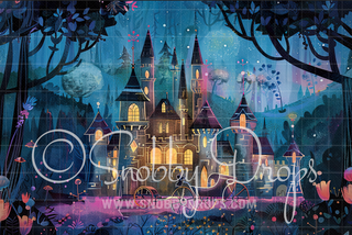 Night Fairytale Castle Painting Fabric Backdrop-Fabric Photography Backdrop-Snobby Drops Fabric Backdrops for Photography, Exclusive Designs by Tara Mapes Photography, Enchanted Eye Creations by Tara Mapes, photography backgrounds, photography backdrops, fast shipping, US backdrops, cheap photography backdrops