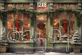 Noel's Christmas Gift Shop Storefront Fabric Backdrop-Fabric Photography Backdrop-Snobby Drops Fabric Backdrops for Photography, Exclusive Designs by Tara Mapes Photography, Enchanted Eye Creations by Tara Mapes, photography backgrounds, photography backdrops, fast shipping, US backdrops, cheap photography backdrops