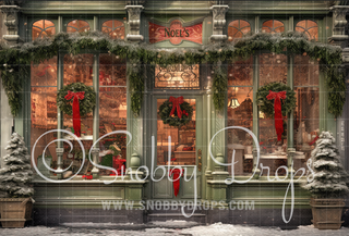 Noel's Christmas Gift Shop Storefront Fabric Backdrop-Fabric Photography Backdrop-Snobby Drops Fabric Backdrops for Photography, Exclusive Designs by Tara Mapes Photography, Enchanted Eye Creations by Tara Mapes, photography backgrounds, photography backdrops, fast shipping, US backdrops, cheap photography backdrops