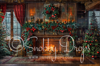 Nostalgic Painted Style Christmas Fireplace Fabric Backdrop-Fabric Photography Backdrop-Snobby Drops Fabric Backdrops for Photography, Exclusive Designs by Tara Mapes Photography, Enchanted Eye Creations by Tara Mapes, photography backgrounds, photography backdrops, fast shipping, US backdrops, cheap photography backdrops