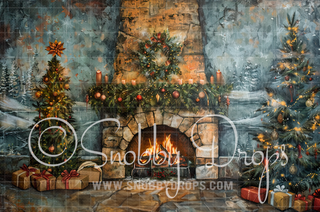 Nostalgic Painterly Christmas Mantle Fabric Backdrop-Fabric Photography Backdrop-Snobby Drops Fabric Backdrops for Photography, Exclusive Designs by Tara Mapes Photography, Enchanted Eye Creations by Tara Mapes, photography backgrounds, photography backdrops, fast shipping, US backdrops, cheap photography backdrops