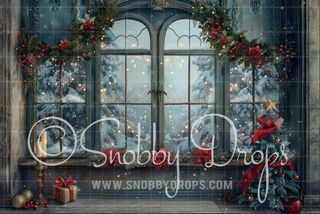 Nostalgic Painterly Christmas Window Fabric Backdrop-Fabric Photography Backdrop-Snobby Drops Fabric Backdrops for Photography, Exclusive Designs by Tara Mapes Photography, Enchanted Eye Creations by Tara Mapes, photography backgrounds, photography backdrops, fast shipping, US backdrops, cheap photography backdrops