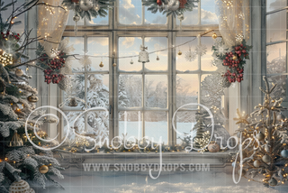 Nostalgic White Christmas Window Fabric Backdrop-Fabric Photography Backdrop-Snobby Drops Fabric Backdrops for Photography, Exclusive Designs by Tara Mapes Photography, Enchanted Eye Creations by Tara Mapes, photography backgrounds, photography backdrops, fast shipping, US backdrops, cheap photography backdrops