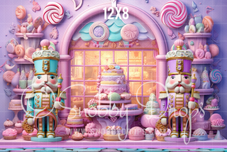 Nutcracker Candy Shop Window Fabric Backdrop-Fabric Photography Backdrop-Snobby Drops Fabric Backdrops for Photography, Exclusive Designs by Tara Mapes Photography, Enchanted Eye Creations by Tara Mapes, photography backgrounds, photography backdrops, fast shipping, US backdrops, cheap photography backdrops