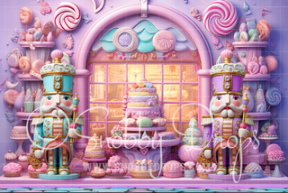 Nutcracker Candy Shop Window Fabric Backdrop-Fabric Photography Backdrop-Snobby Drops Fabric Backdrops for Photography, Exclusive Designs by Tara Mapes Photography, Enchanted Eye Creations by Tara Mapes, photography backgrounds, photography backdrops, fast shipping, US backdrops, cheap photography backdrops