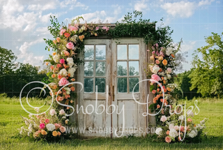 Old Door with Flowers Fabric Backdrop-Fabric Photography Backdrop-Snobby Drops Fabric Backdrops for Photography, Exclusive Designs by Tara Mapes Photography, Enchanted Eye Creations by Tara Mapes, photography backgrounds, photography backdrops, fast shipping, US backdrops, cheap photography backdrops