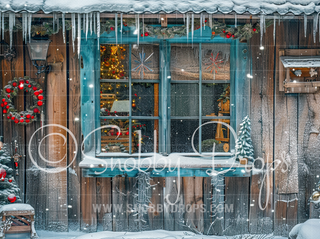 Old Fashioned Blue Christmas Cabin Fabric Backdrop-Fabric Photography Backdrop-Snobby Drops Fabric Backdrops for Photography, Exclusive Designs by Tara Mapes Photography, Enchanted Eye Creations by Tara Mapes, photography backgrounds, photography backdrops, fast shipping, US backdrops, cheap photography backdrops