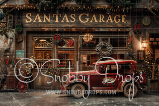 Old Fashioned Santa's Garage Fabric Backdrop-Fabric Photography Backdrop-Snobby Drops Fabric Backdrops for Photography, Exclusive Designs by Tara Mapes Photography, Enchanted Eye Creations by Tara Mapes, photography backgrounds, photography backdrops, fast shipping, US backdrops, cheap photography backdrops