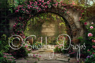 Old Garden Arch Entrance with Flowers Fabric Backdrop-Fabric Photography Backdrop-Snobby Drops Fabric Backdrops for Photography, Exclusive Designs by Tara Mapes Photography, Enchanted Eye Creations by Tara Mapes, photography backgrounds, photography backdrops, fast shipping, US backdrops, cheap photography backdrops