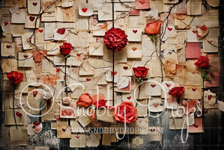 Old Love Letters on Wall Valentine Fabric Backdrop-Fabric Photography Backdrop-Snobby Drops Fabric Backdrops for Photography, Exclusive Designs by Tara Mapes Photography, Enchanted Eye Creations by Tara Mapes, photography backgrounds, photography backdrops, fast shipping, US backdrops, cheap photography backdrops